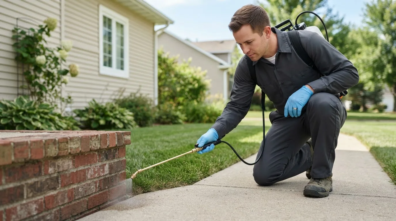 Pest control technician treating a home near Wellington, KY
